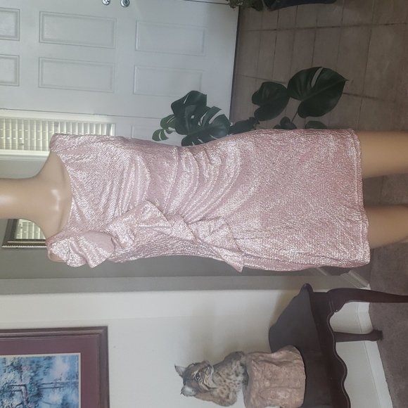 Adrianna Papell small pink foil complete stretch ruffle trim ruched party dress - Picture 1 of 12